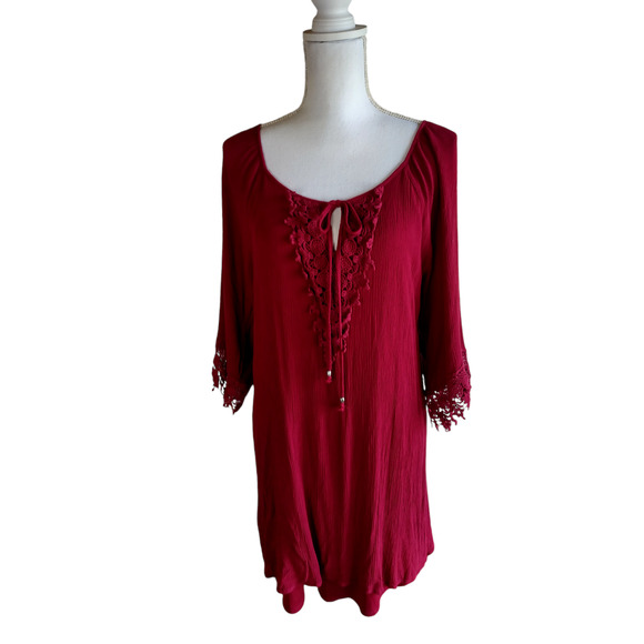 NAIF Womens Tie Keyhole Crochet Front Boho Dress Burgundy Medium 100% Rayon - Picture 1 of 13